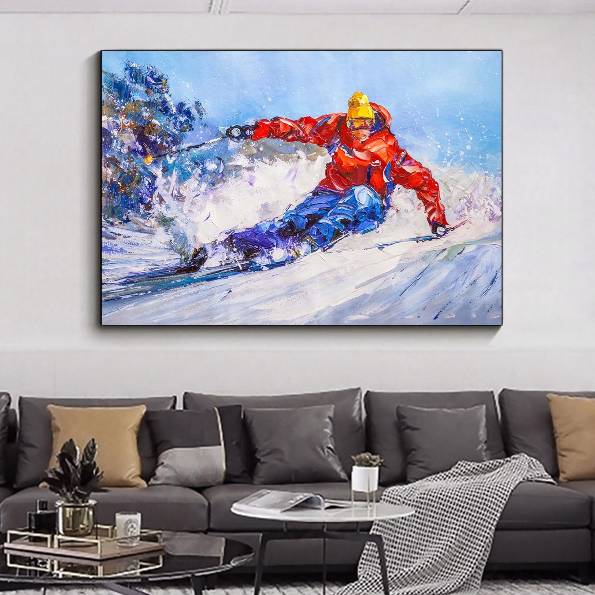 a painting of a person on a snowboard in a living room