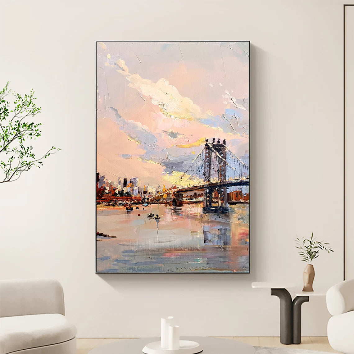 a painting of a bridge over a body of water