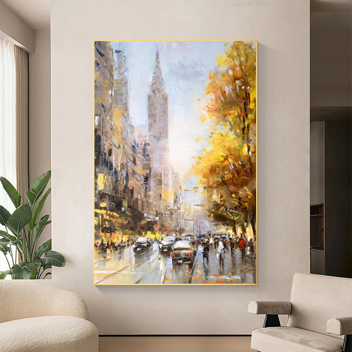 a painting of a city street with cars and people