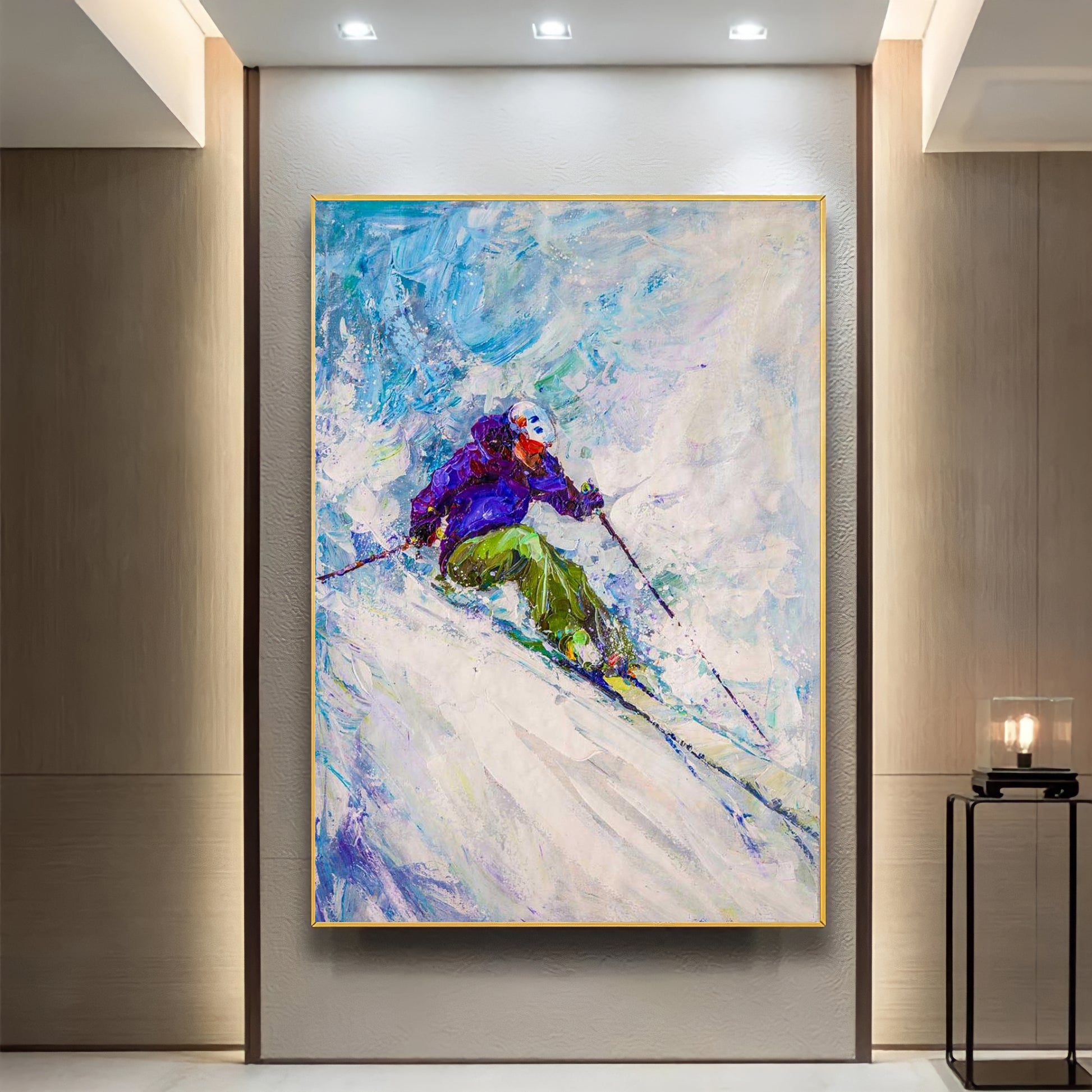 a painting of a person skiing down a hill