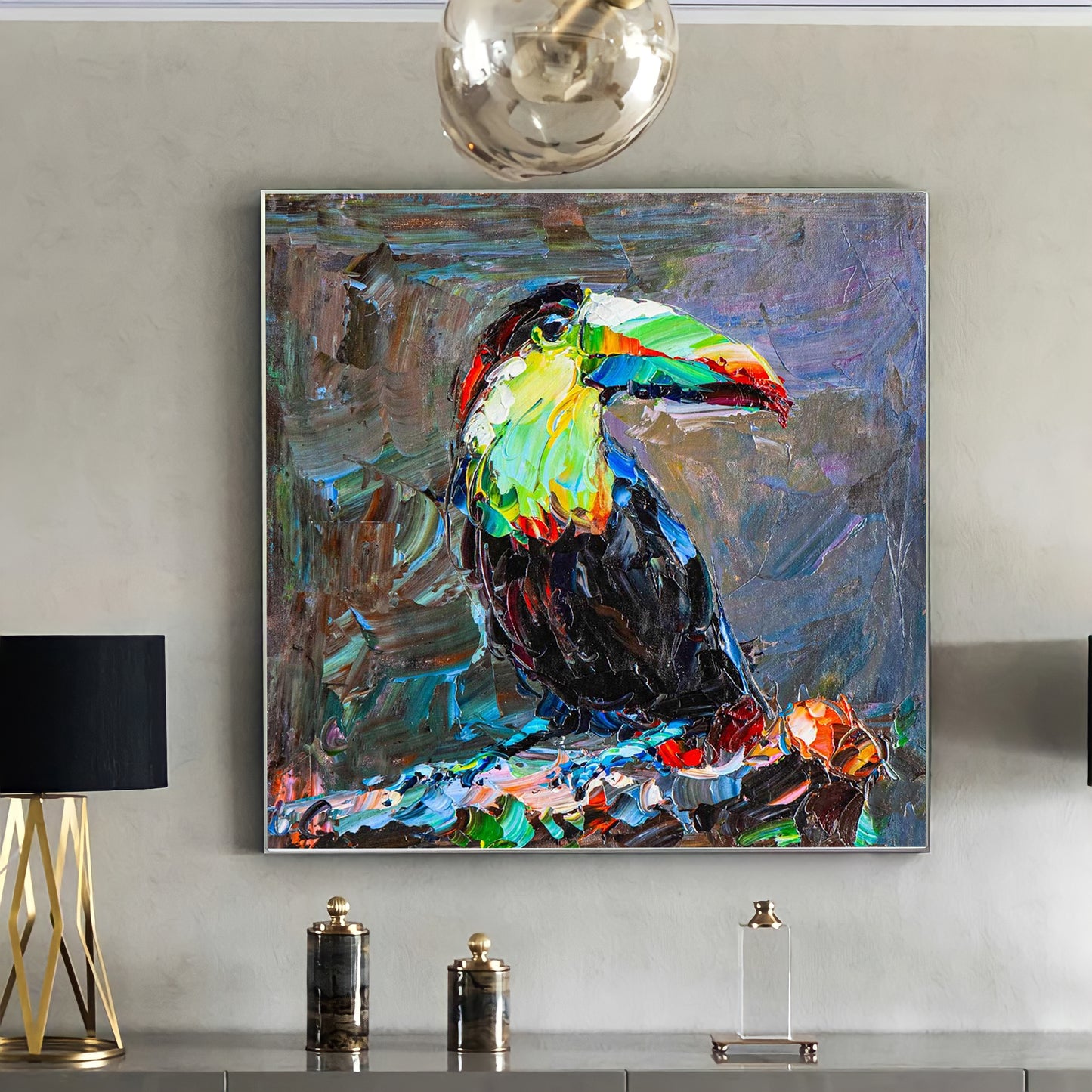 a painting of a toucan on a wall