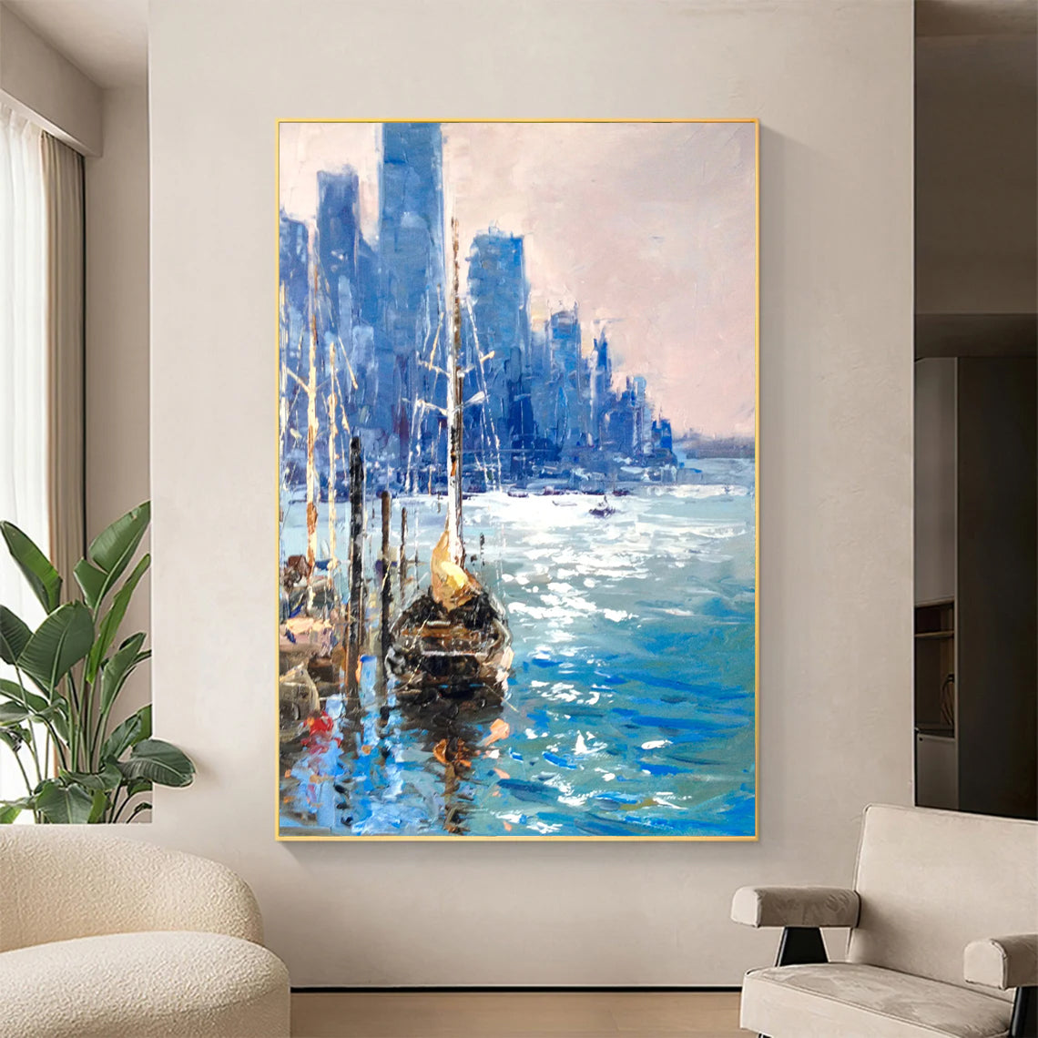 a living room with a painting of a boat in the water