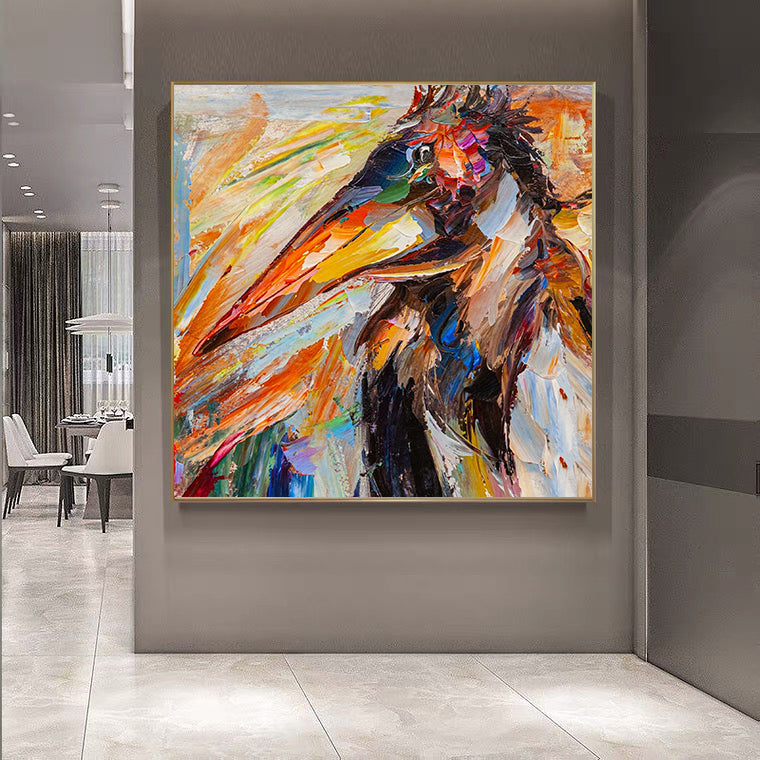 a painting of a bird on a wall