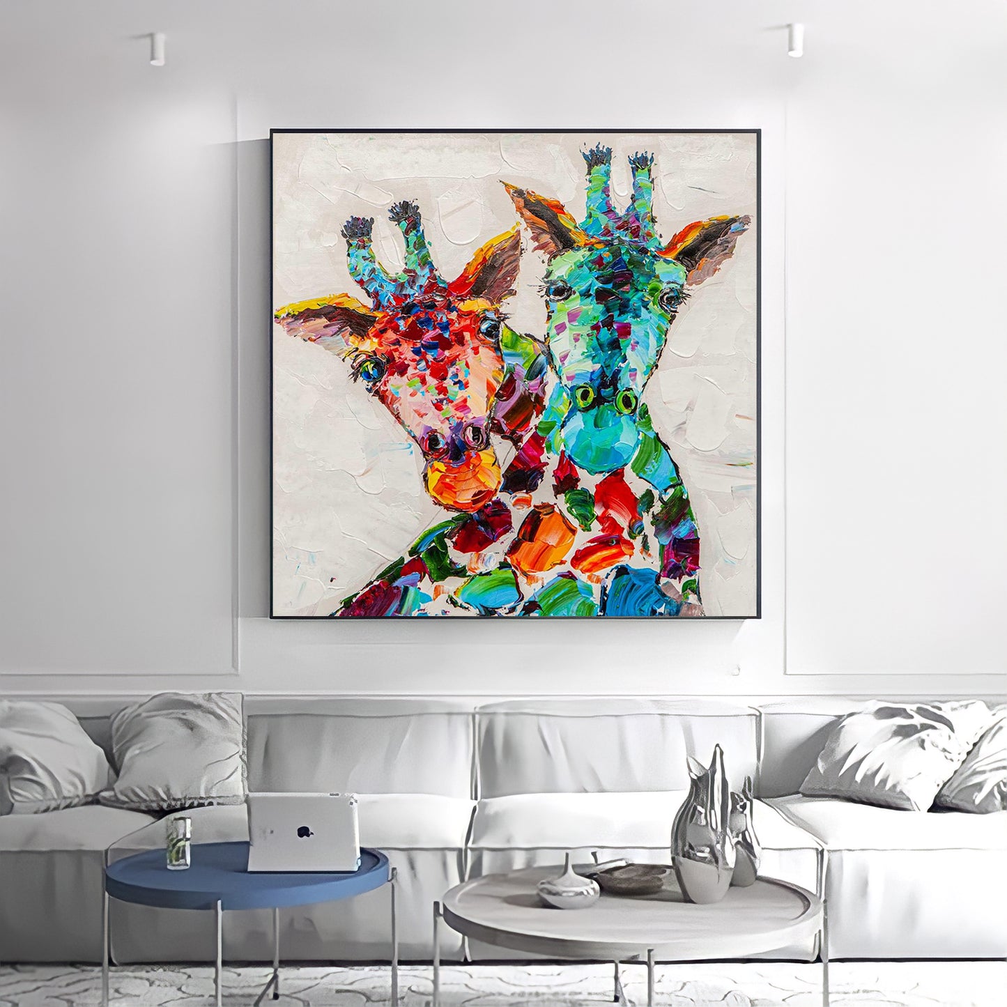 a painting of two giraffes in a living room