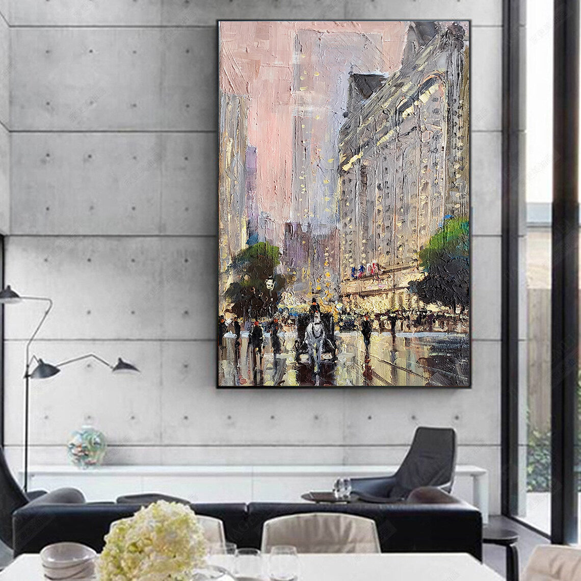 a painting of people walking down a city street