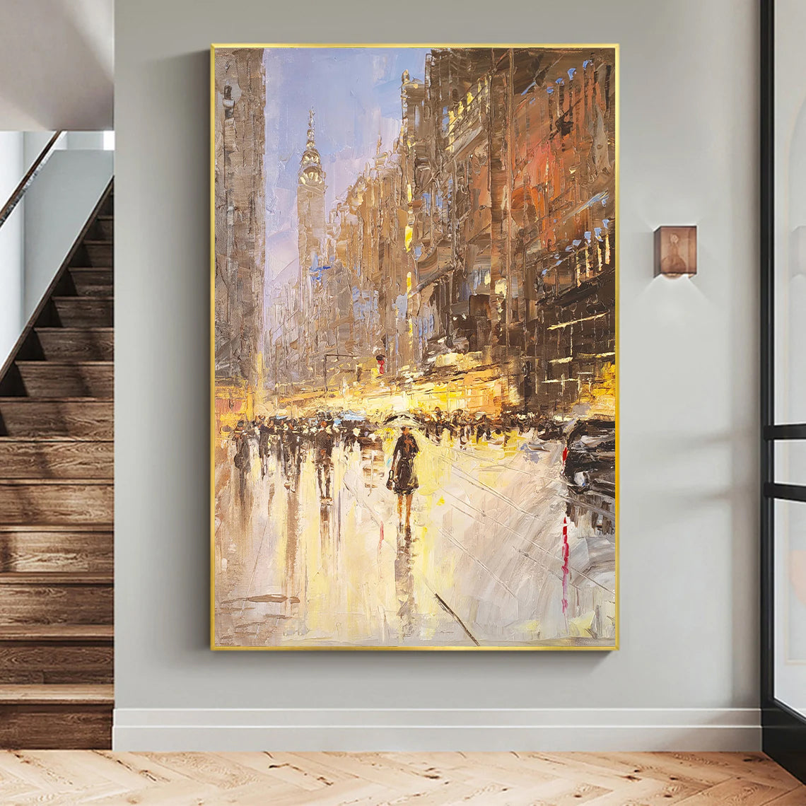 a painting of people walking down a city street