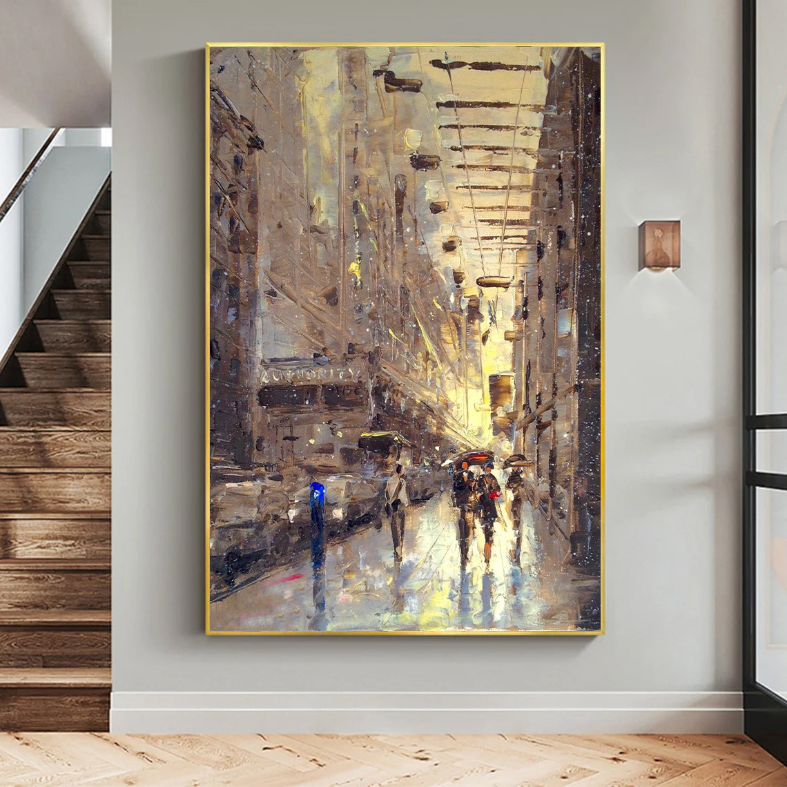 a painting of people walking down a city street