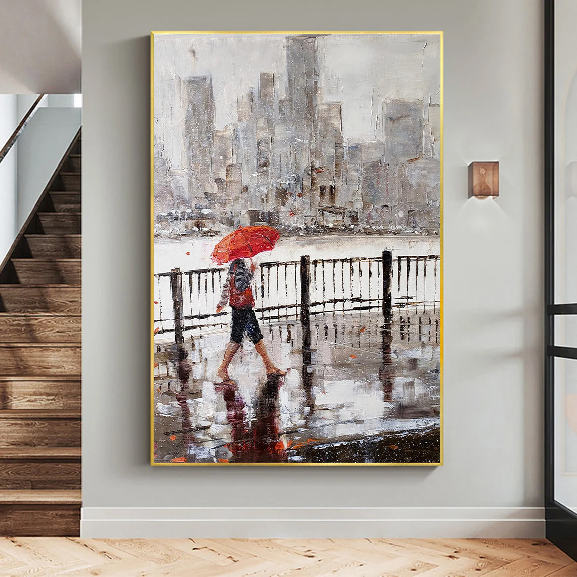 a painting of a person walking in the rain with an umbrella