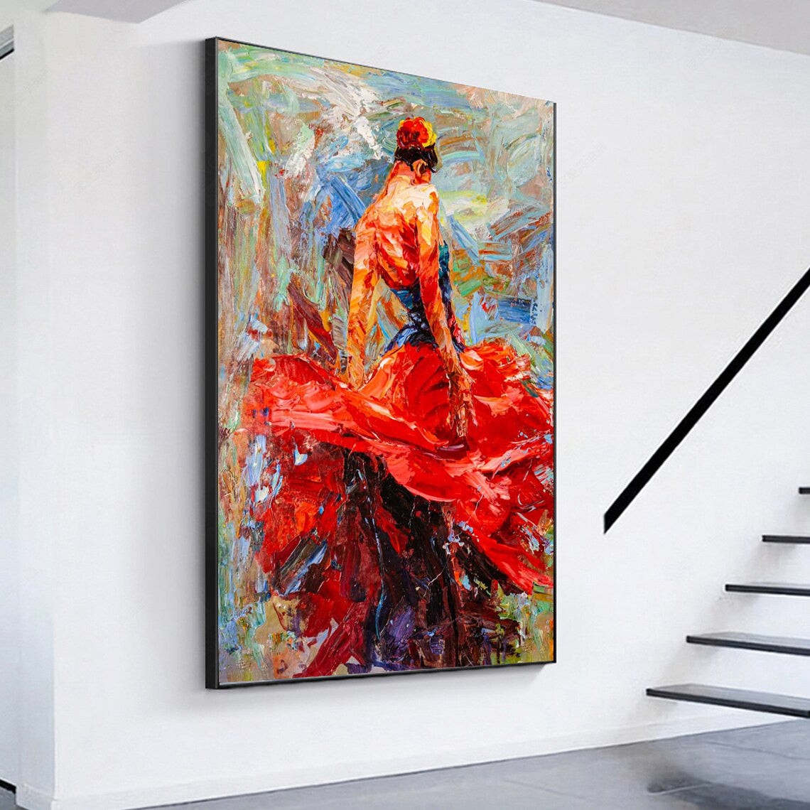 a painting of a woman in a red dress on a white wall