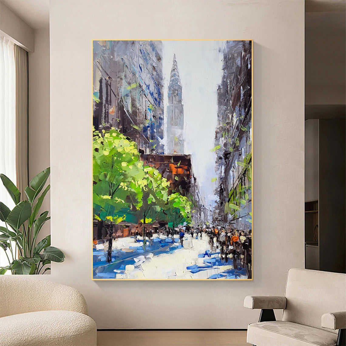 a painting of a city street with people walking