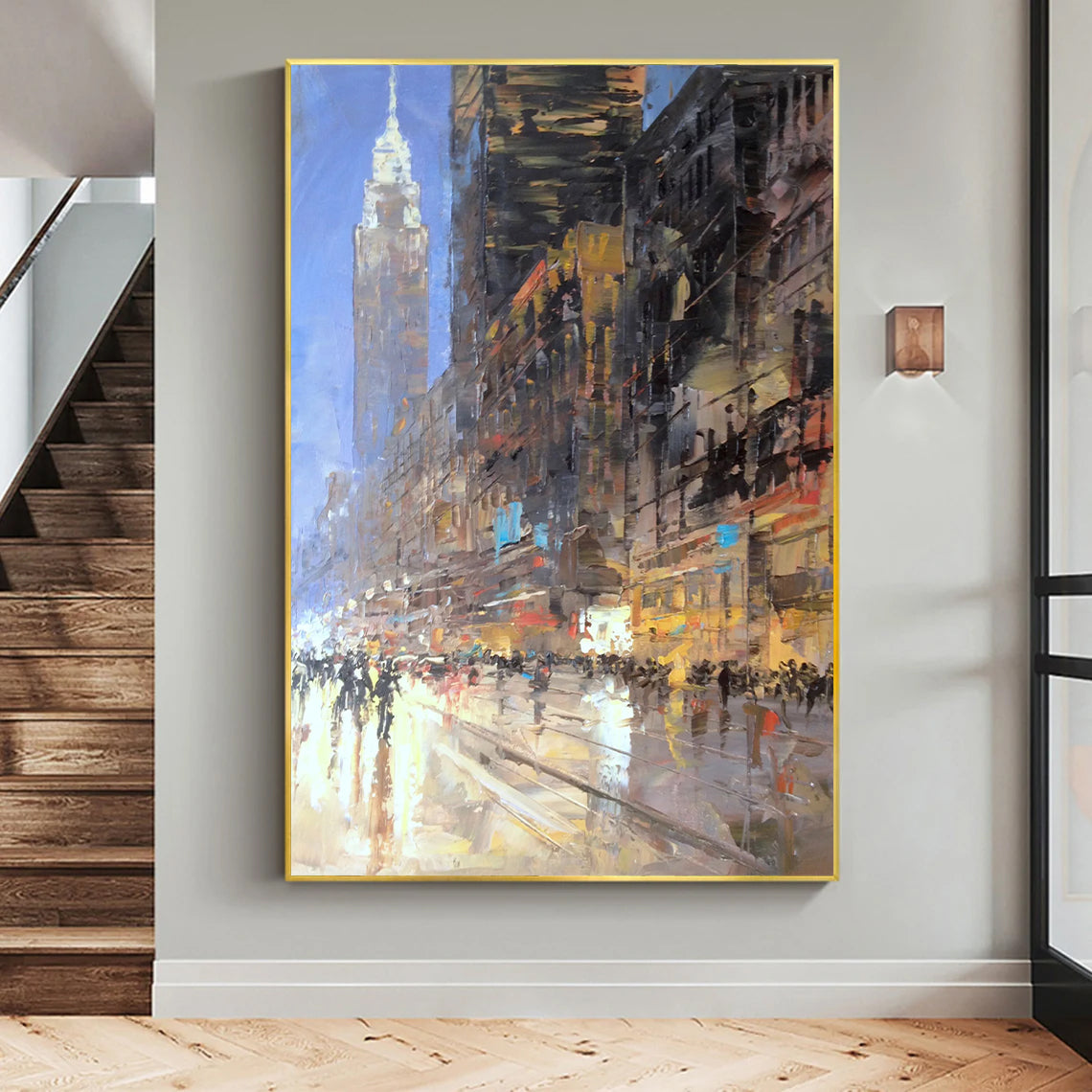 a painting of people walking down a city street