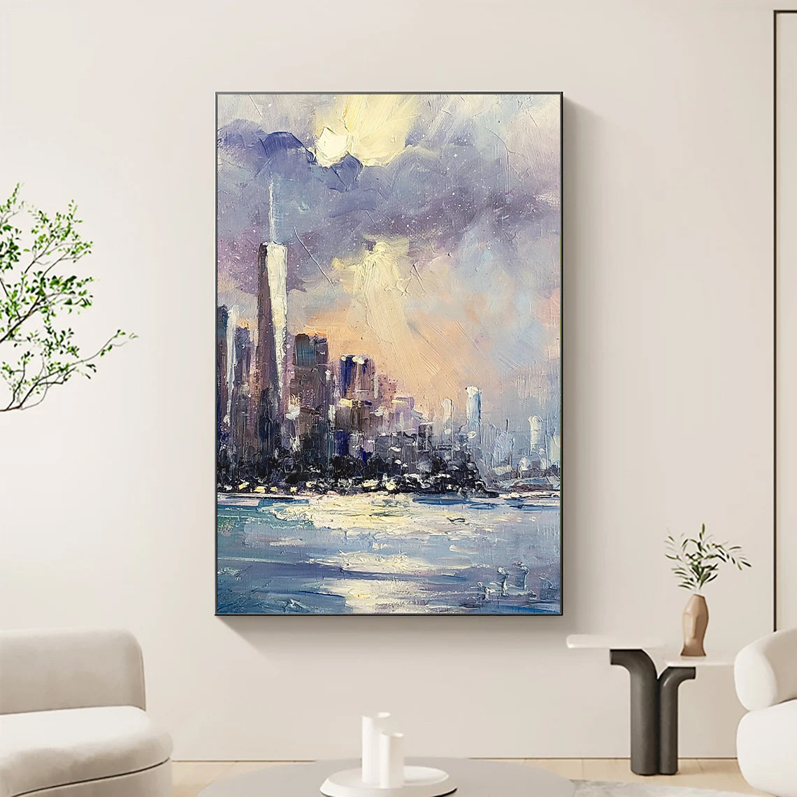 a painting of a city skyline on a wall