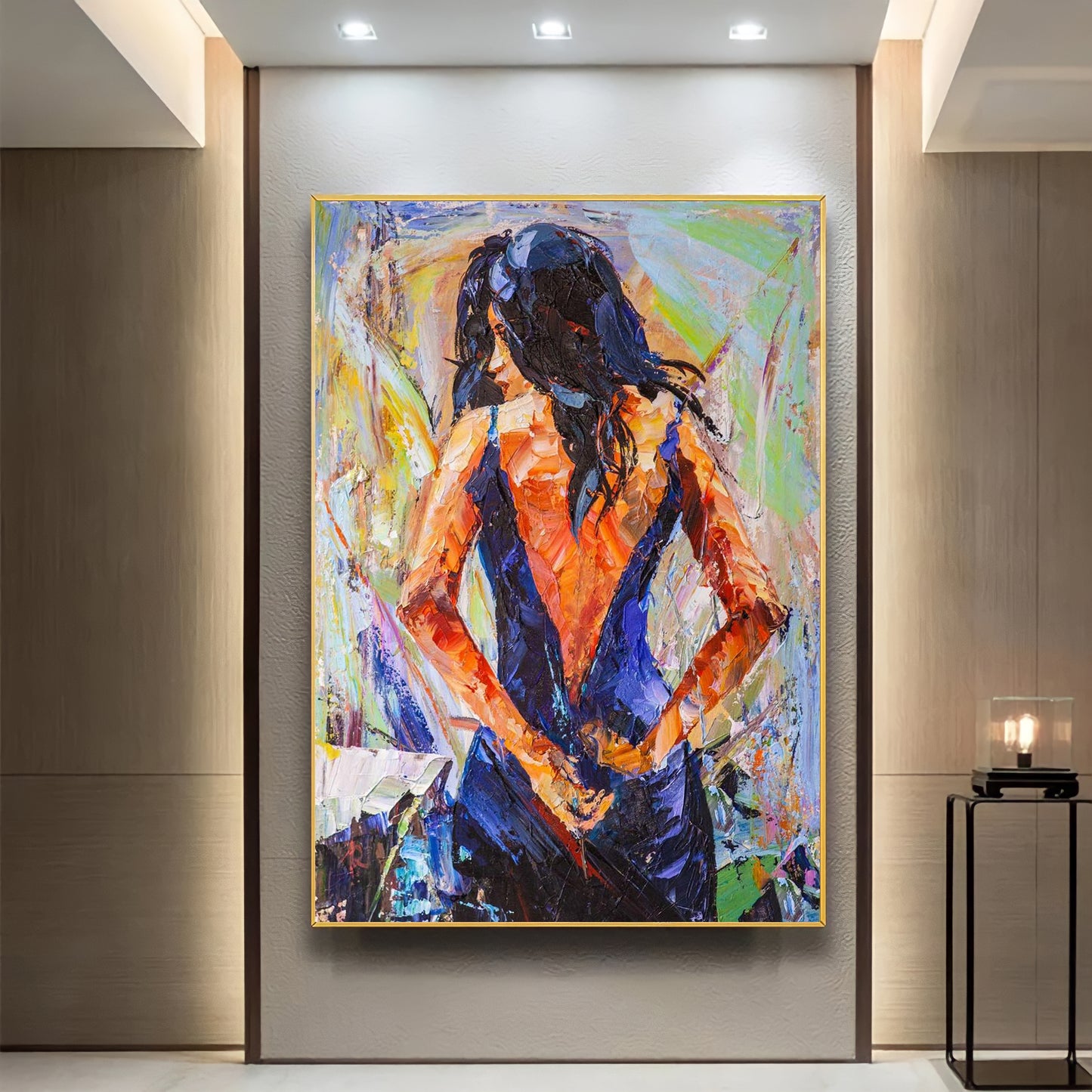 a painting of a woman in a blue dress