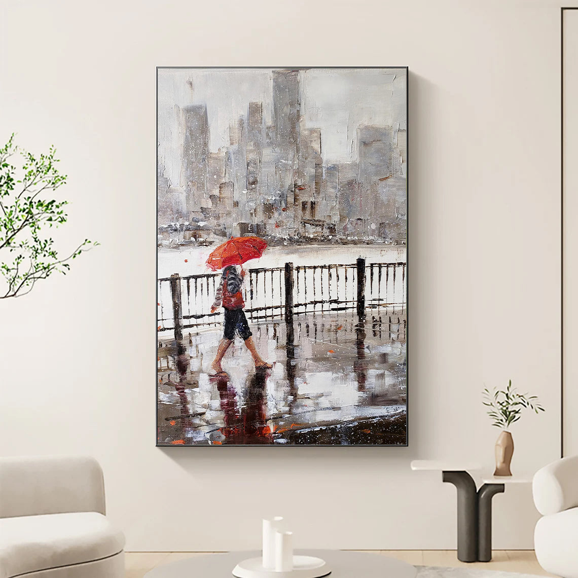 a painting of a person walking in the rain with an umbrella