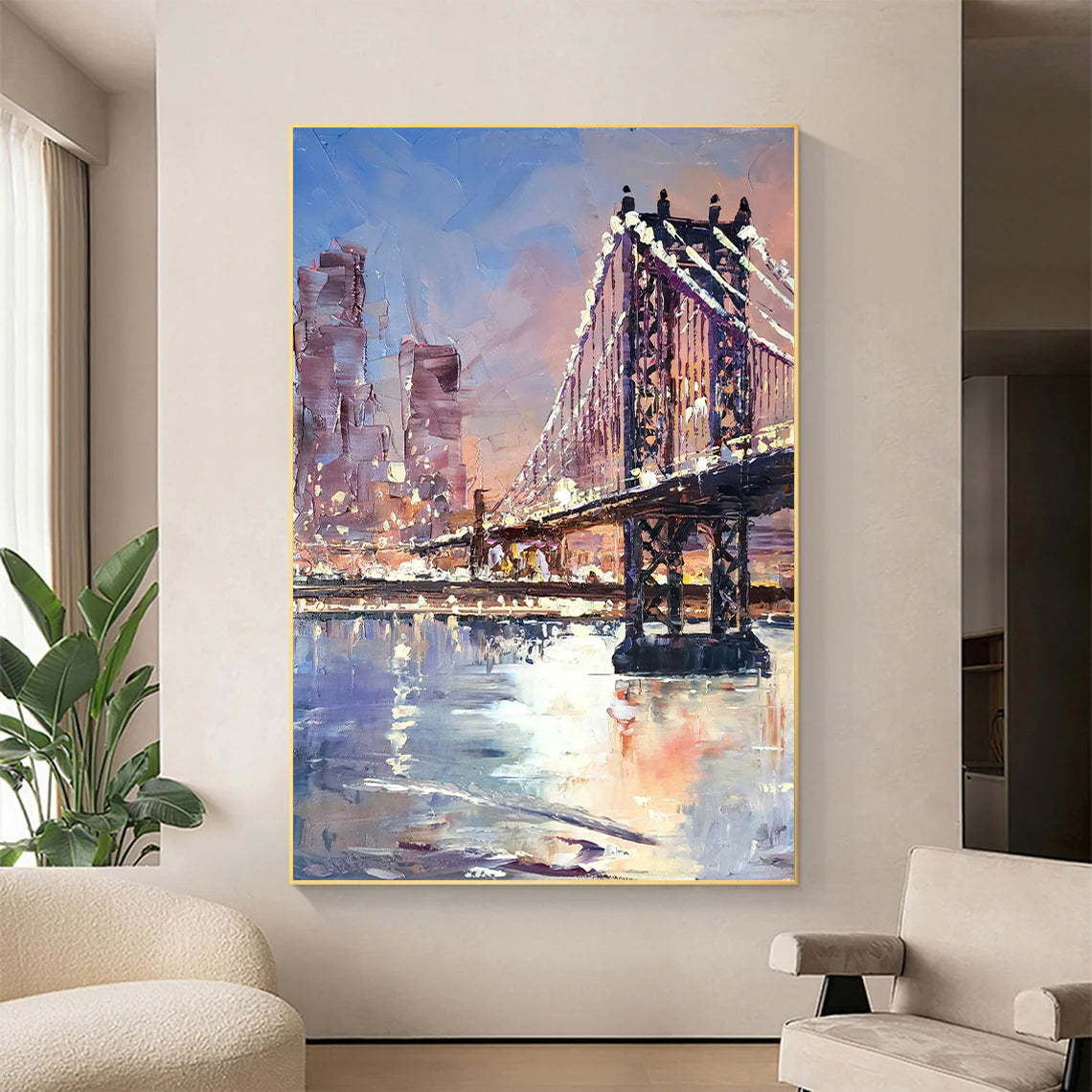 a painting of a bridge in a living room