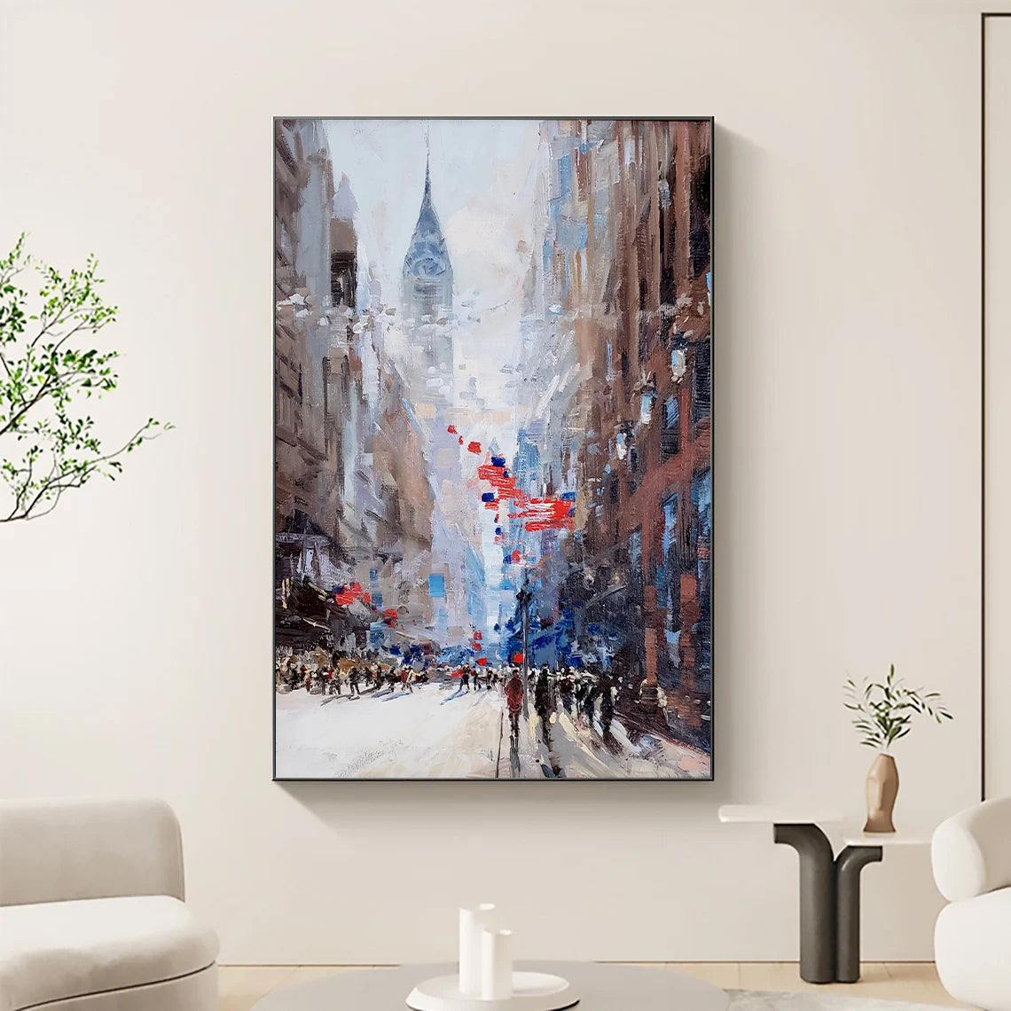 a painting of a city street with people walking on it