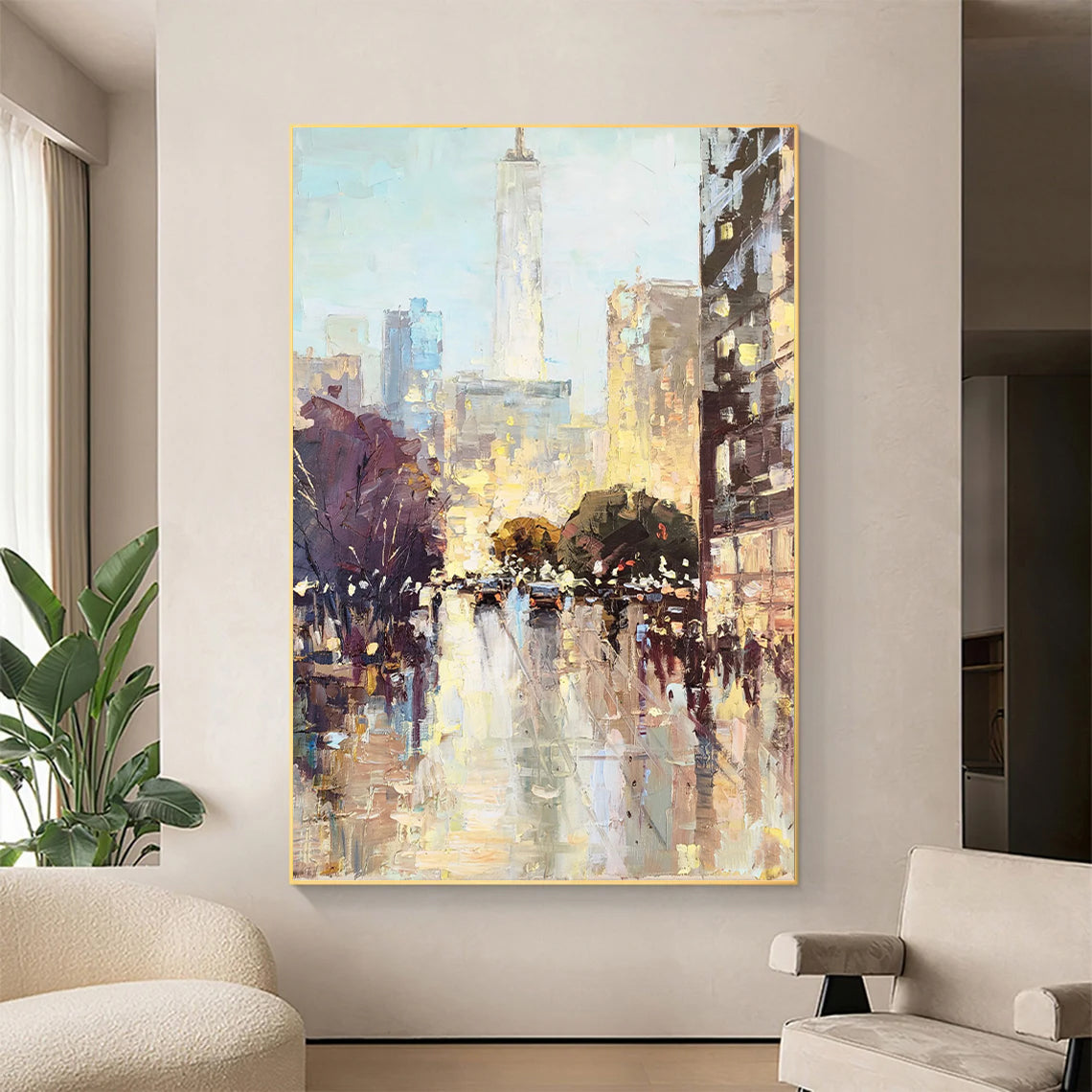 a painting of a cityscape is shown in a living room