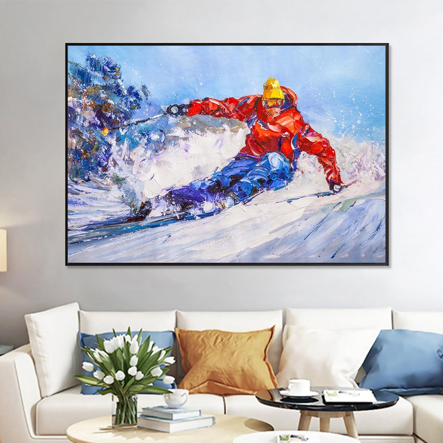 a painting of a man skiing down a mountain