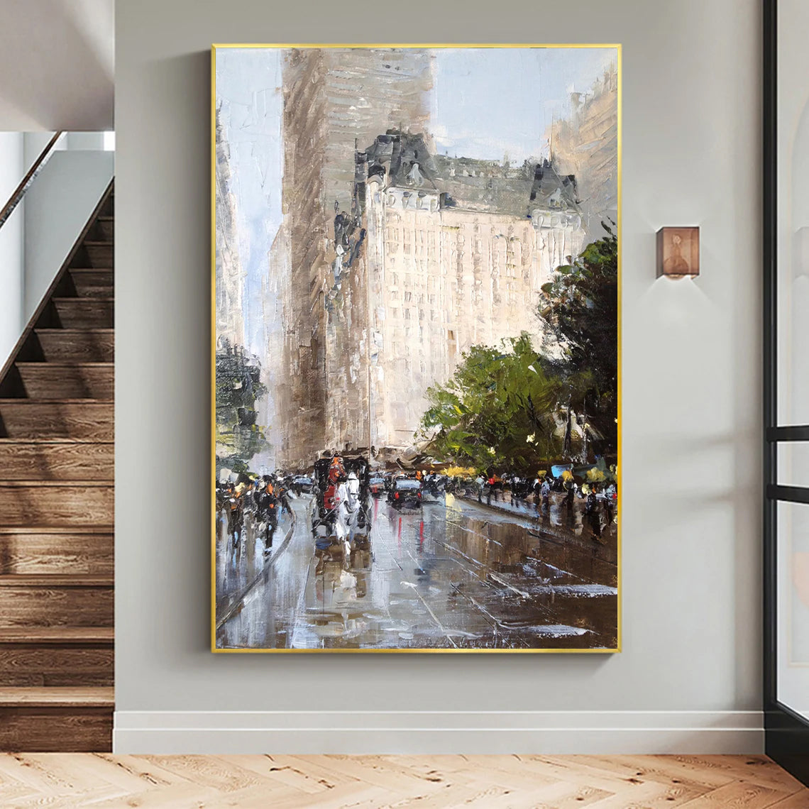 a painting of people walking down the street in the rain