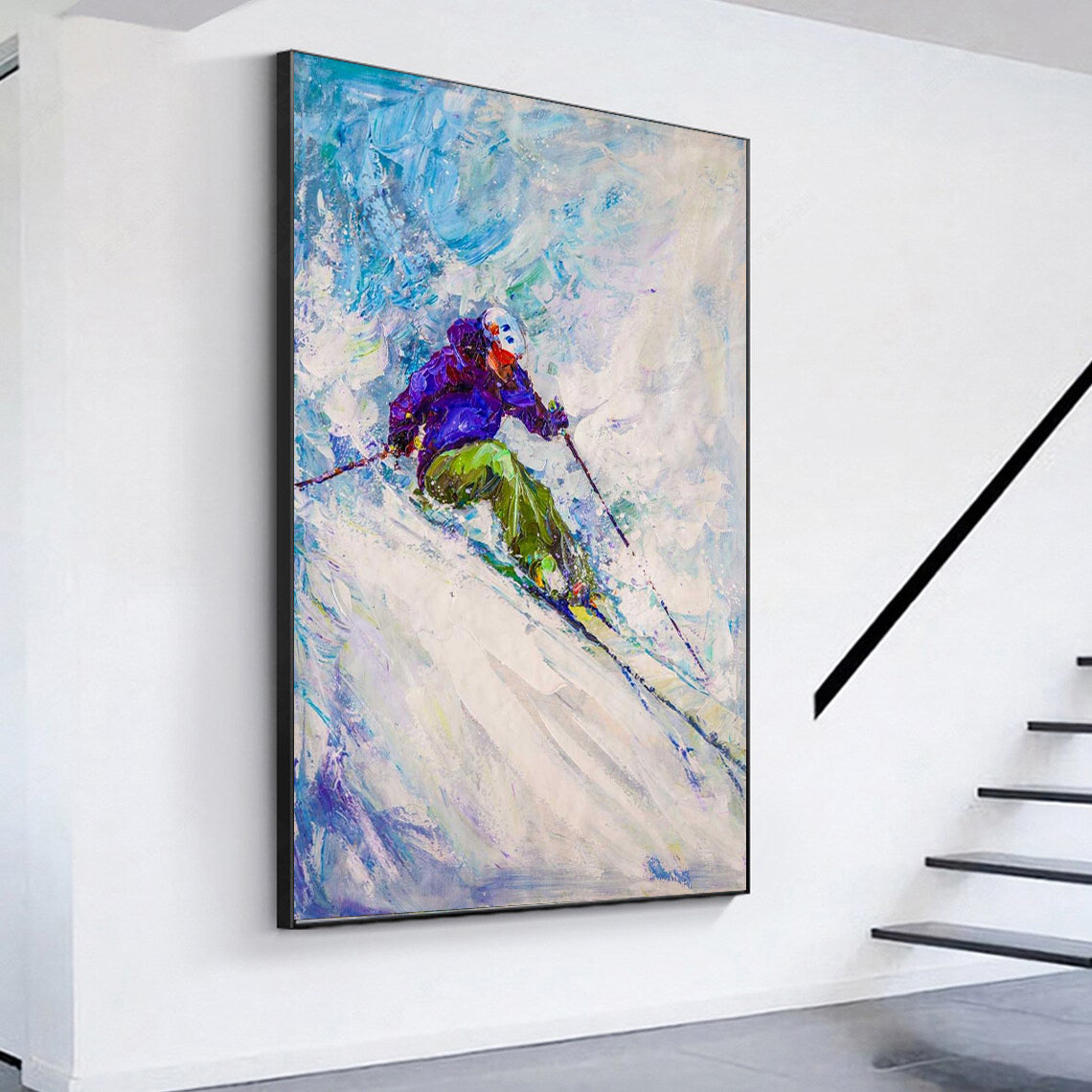 a painting of a person skiing down a hill