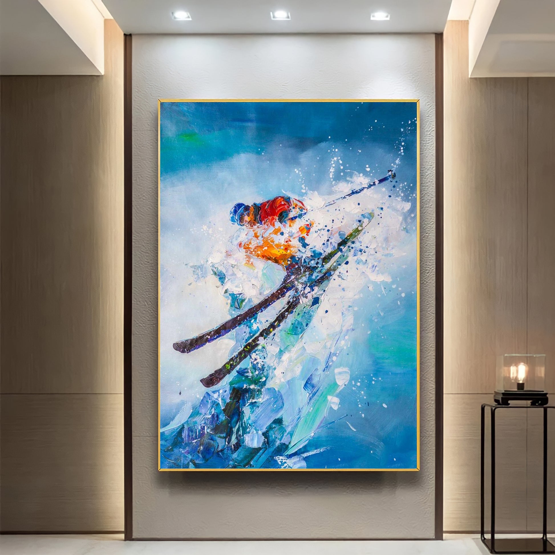 a painting of a skier in the middle of a room