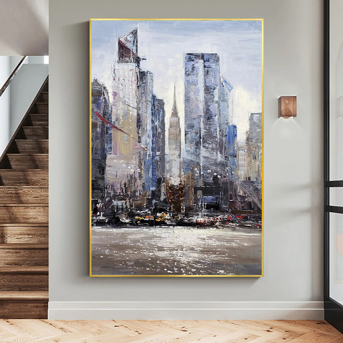 a painting of a city with tall buildings