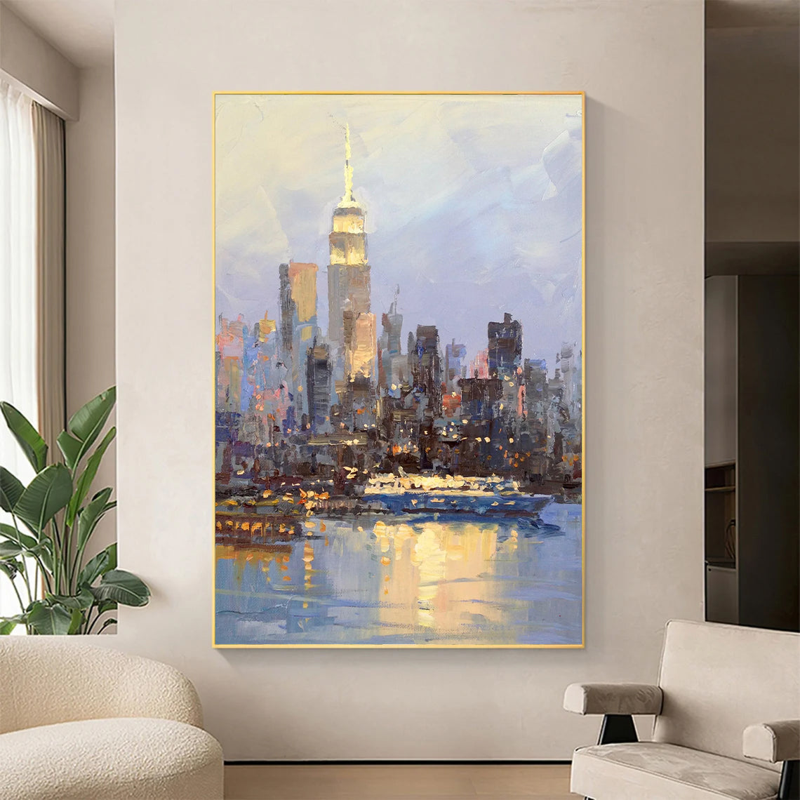 a painting of a cityscape is shown in a living room