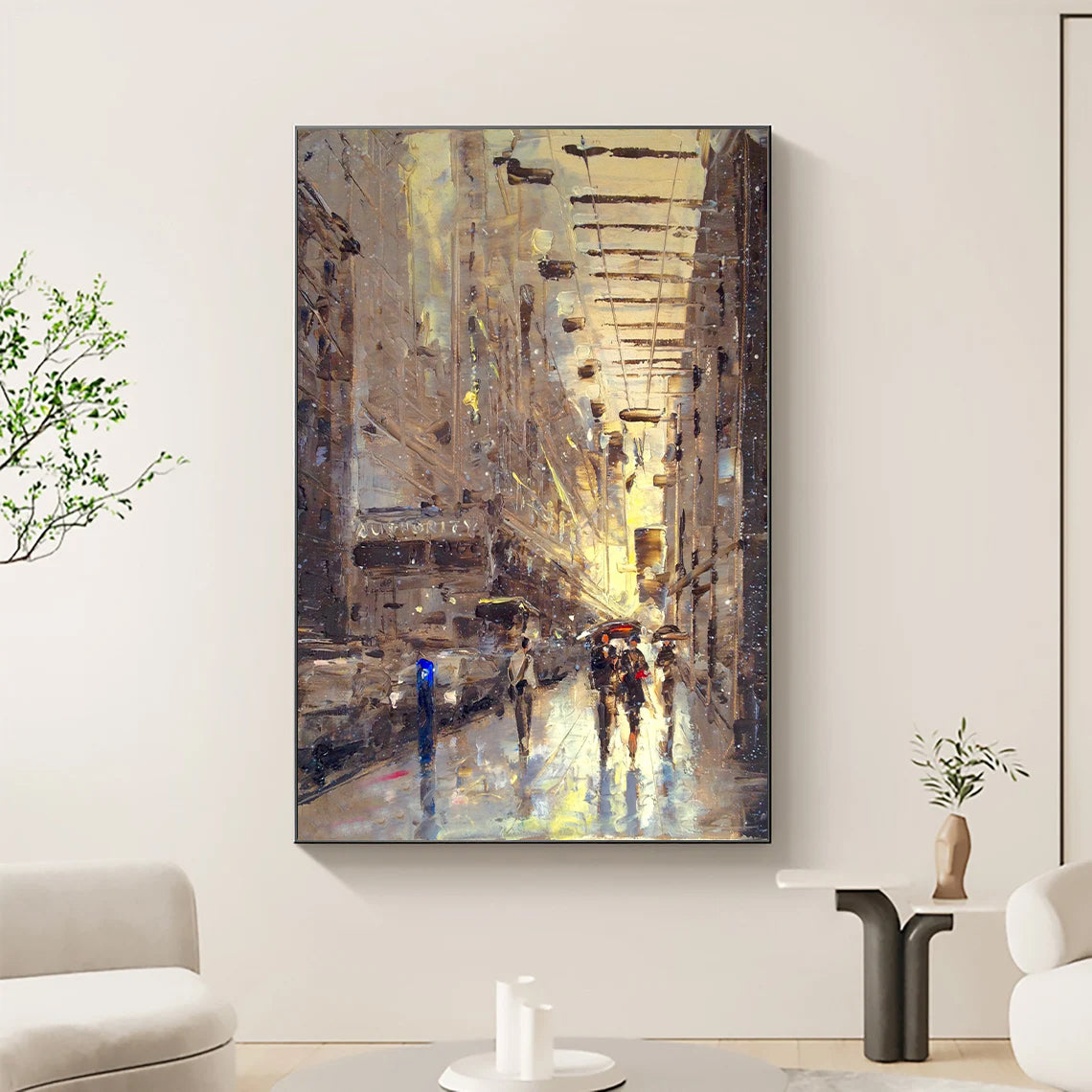 a painting of people walking down a city street