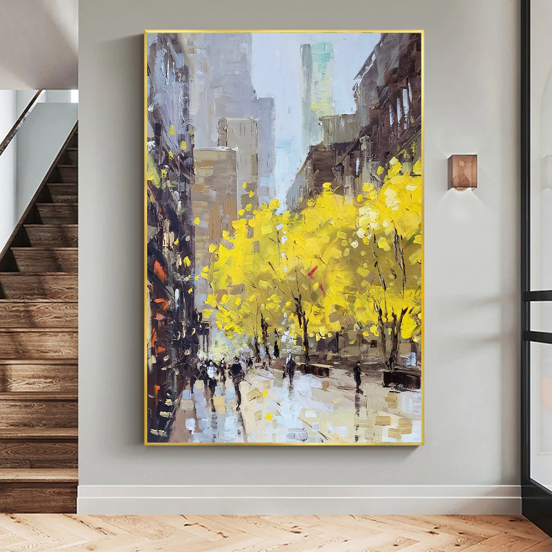 a painting of a city street with yellow trees