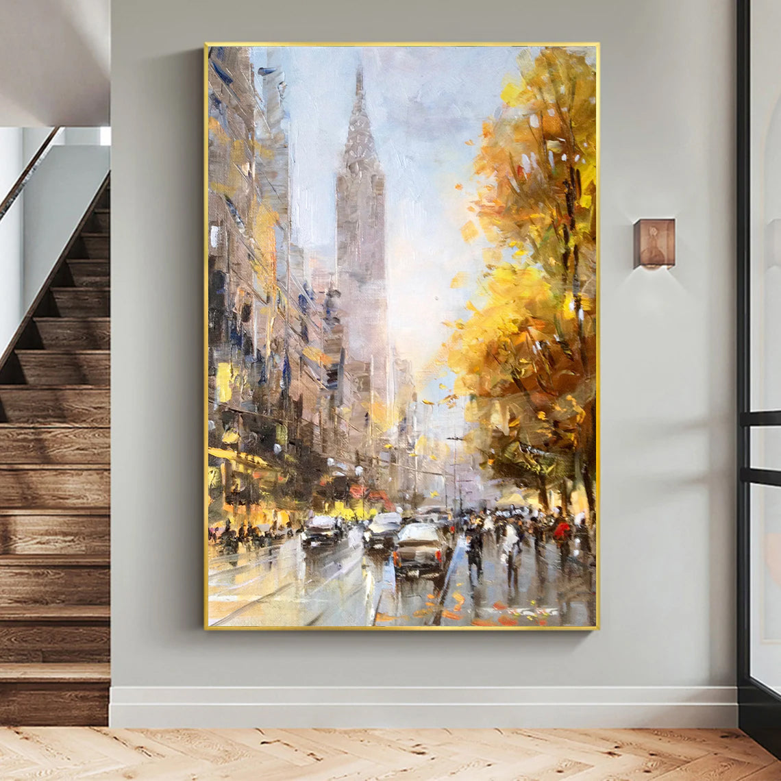 a painting of a city street with cars and people